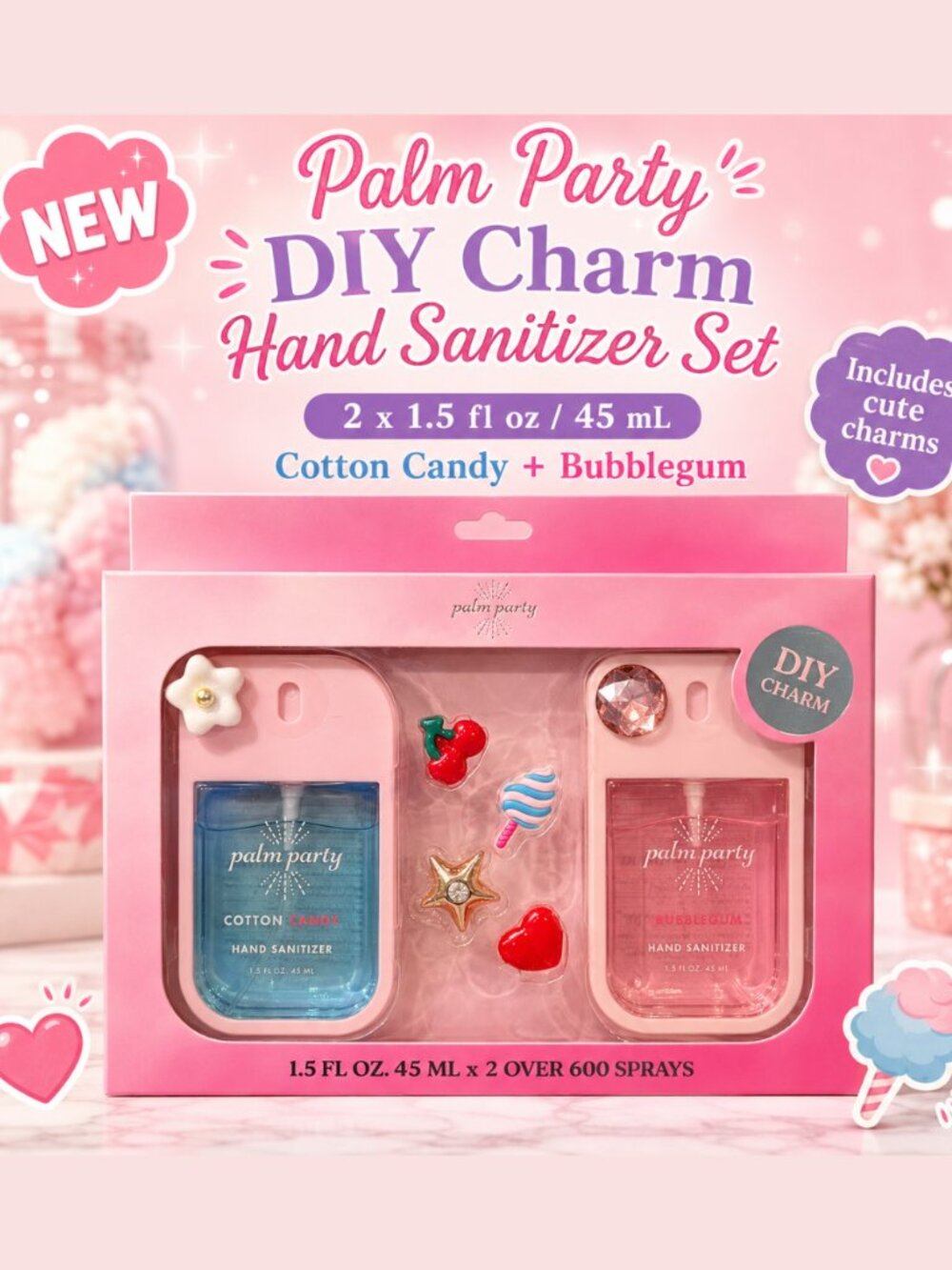 Palm Party Hand Sanitizer Set, NIB Cotton Candy Bubblegum DIY Charms Cute Gift